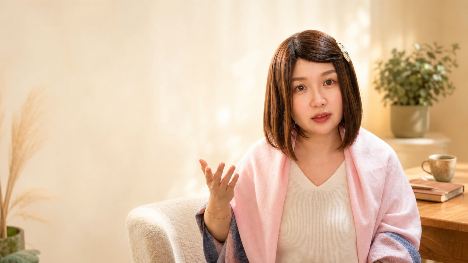 Vivi 坐在療癒室中，分享療癒師經營、定價與陪伴界線的觀點
