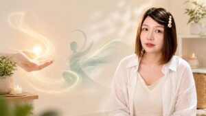 臼井靈氣與氣功差異的官網文章封面，Vivi 在療癒室中介紹靈氣與氣功的能量練習差別